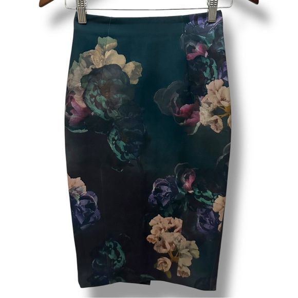 300 H&M | EUC Women’s Teal Black Floral High-Waist Midi Pencil Skirt (Size 2) - Picture 2 of 15